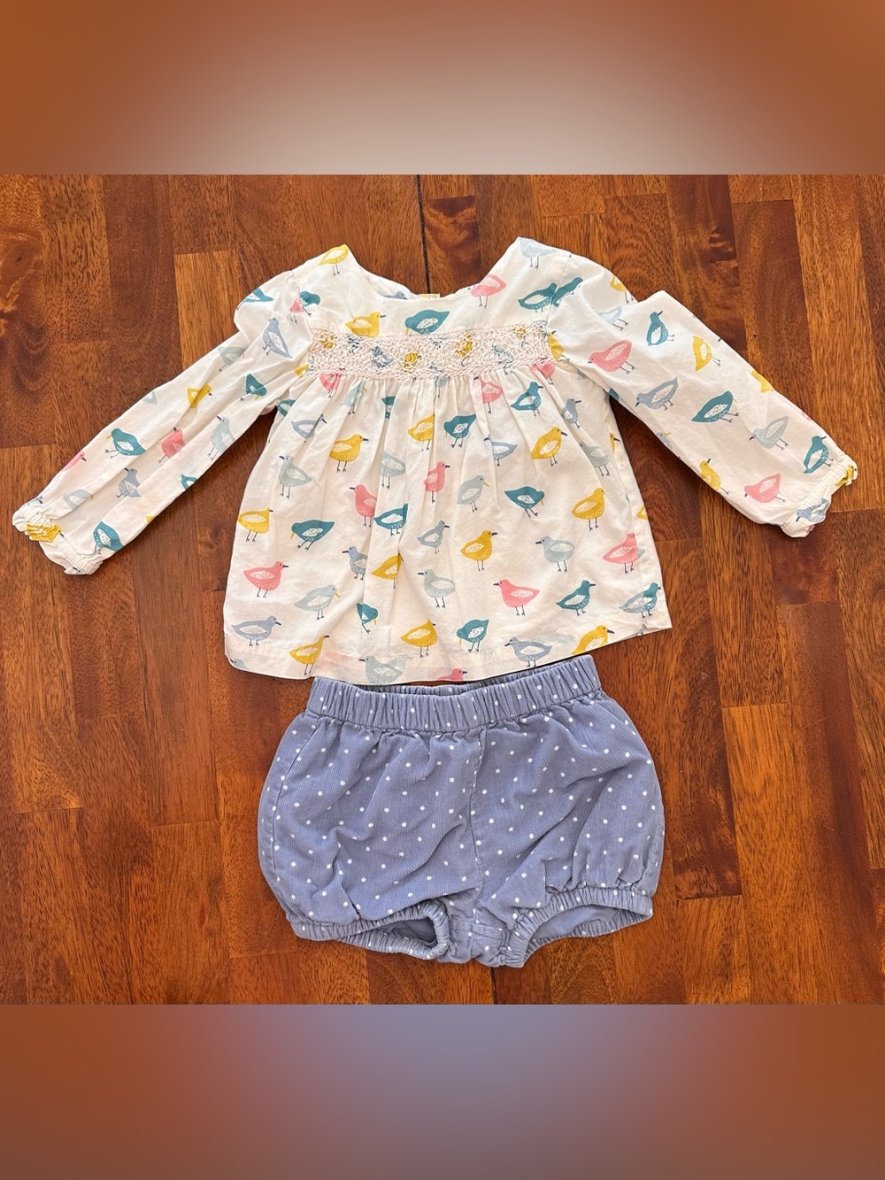 Baby Boden White Bird Print Top with Blue Polka Dot Bloomers